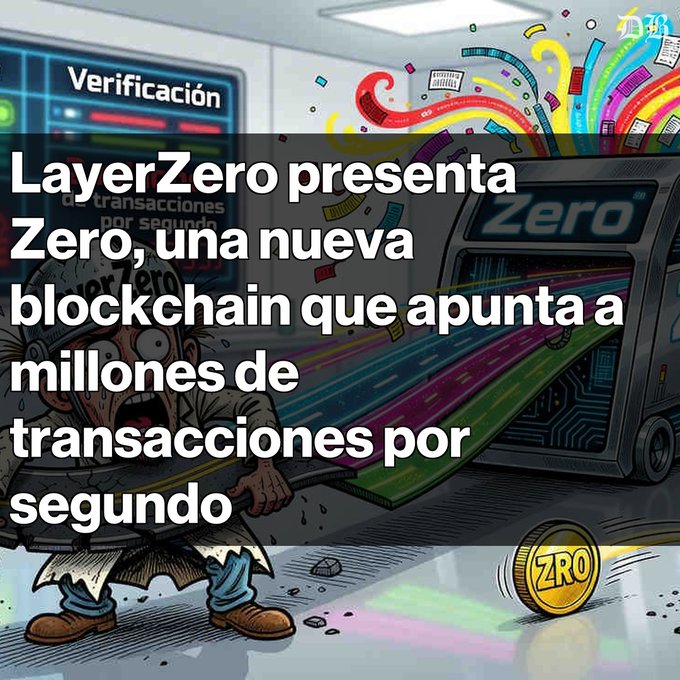 A cartoon-style graphic features a ZRO coin and a 'LayerZero Verification' screen with Spanish text announcing 'LayerZero presenta Zero, una nueva blockchain que apunta a millones de transacciones por segundo'.