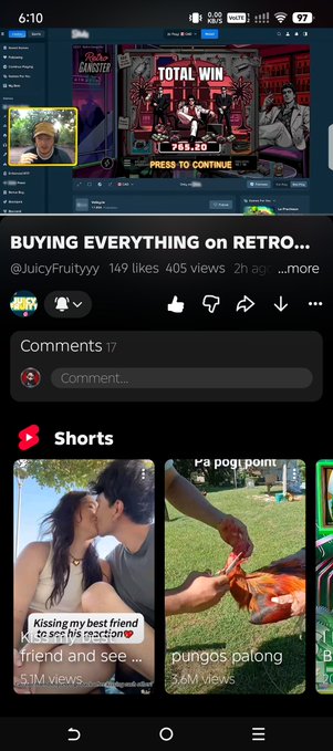 A mobile screenshot shows a YouTube video titled 'BUYING EVERYTHING on RETRO...' by @JuicyFruityyy, with Shorts thumbnails visible below.