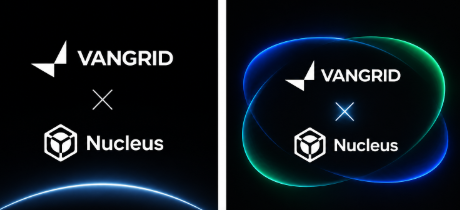 A logo collaboration graphic displaying the VANGRID logo above an "X" and the Nucleus logo against a black background with glowing blue and green orbital rings on the right side.