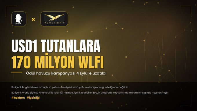 Turkish-language promotional graphic announcing that 170 million WLFI tokens will be distributed to USD1 holders as part of a reward pool campaign reaching users on September 4, featuring World Liberty Financial branding with a disclaimer that this is not investment advice.