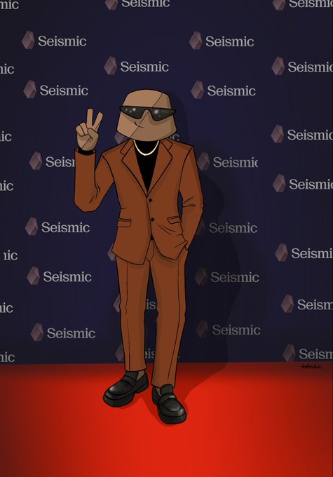 A cartoon illustration of a character wearing a brown suit, sunglasses, and a cap with a mustache, making a peace sign while standing on a red carpet, against a dark blue background with "Seismic" text repeated as a pattern.