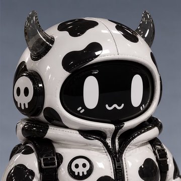 A cute 3D-rendered cow-themed figurine with black and white spots, horns, and a skull emblem on its chest, featuring a kawaii face on its screen-like visor.