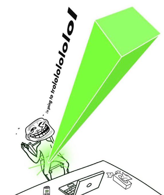 The image features a cartoon depiction of a person sitting at a desk with a laptop computer, surrounded by various objects such as a keyboard, mouse, and a cup. The scene includes a green cube that appears to be floating above the person's head, giving the impression that they are being watched or observed by an unseen audience. The caption below the image reads: "I can't wait to see !" followed by a reference to the post about the troll named ATH Troll and his plans for the new ATH Troll.