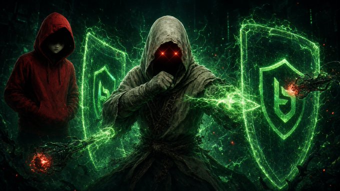 A hooded figure with glowing red eyes wields a glowing green energy weapon, standing between two large green shields, with another shadowed figure in a red hood watching nearby.