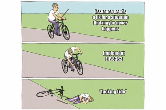 A three-panel meme using a comic strip about a man riding a bicycle that reads: 'Issuance needs a fix for a situation that maybe never happens', 'Implement EIP 8363', and '*fucking Lido*', depicting the man eventually crashing.