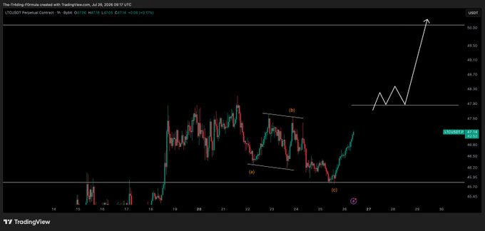 This Litecoin ($LTC) chart visualizes a potential upward trend to $50.00, with the accompanying post expressing hope for a similar bullish outcome today.