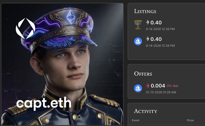 The image shows a screenshot of a website called "capt.eth", which appears to be related to the character Capt.eth from the video game Fortnite. The website has a list of options, including a cap with a picture of a man wearing a military uniform and a price tag for 0.4 e grails. The caption on the image reads: "Attention ENS is back, get ready capt.eth listed for only 0.4 e grails". This suggests that the website might be promoting or selling items related to the character Capt.eth from Fortnite.