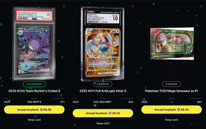 The image shows three Pokemon cards displayed side by side, each with a price tag attached to them. The cards are neatly arranged in a row against a black background. The first card has a purple cover and costs $26.99, the second card is yellow and costs $29.99, and the third card is green and costs $31.99. The post also mentions that there's an option for accepting a "Keep Card" payment to complete the purchase of these collectibles.