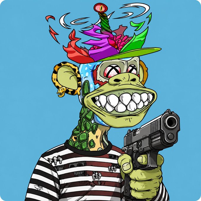 A cartoon illustration of a mutant frog character wearing a colorful hat with feathers, a striped shirt, and holding a black pistol.