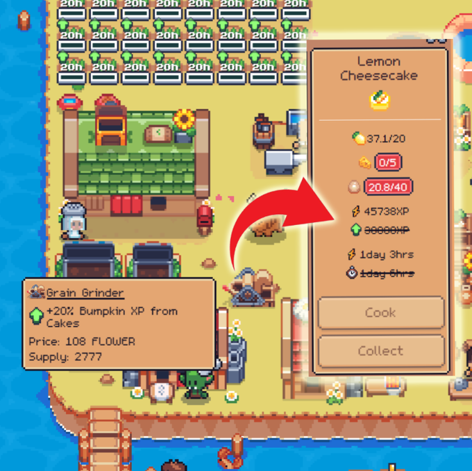 A pixel art video game screenshot showing a farming/crafting interface with a 'Lemon Cheesecake' cooking panel, a 'Grain Grinder' item description, and a red arrow pointing to a crafting station.