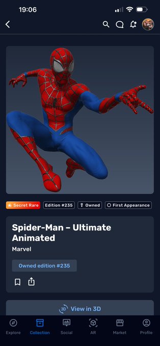 A screenshot of a digital collectible app showing a 'Spider-Man – Ultimate Animated' NFT by Marvel, marked as 'Secret Rare' and 'Edition #235'.