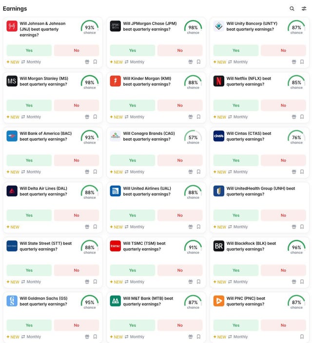 Earnings prediction market interface showing 'Will [Company] beat quarterly earnings?' questions for major stocks including JNJ (93%), JPM (98%), UNTY (87%), MS (98%), KMI (88%), NFLX (85%), BAC (93%), CAG (57%), CTAS (76%), DAL (88%), UAL (88%), UNH (88%), STT (88%), TSMC (91%), BLK (96%), GS (95%), MTB (87%), and PNC (87%).