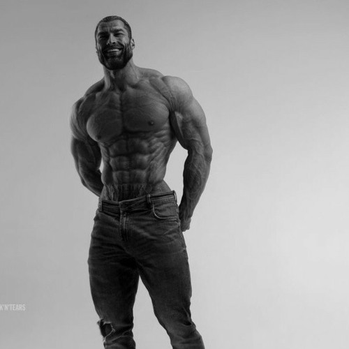 A muscular, bearded man poses shirtless in black and white, showing off his physique with hands on his hips and a smile, paired with the caption that praises the $GIGA memecoin's massive online following and built-in community as a "head start money can't buy."