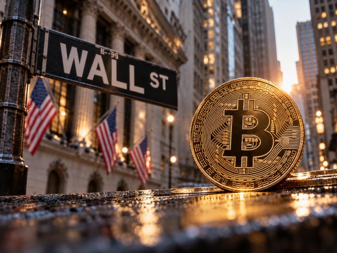 A gold Bitcoin coin stands on a wet Wall Street surface beside a street sign reading “WALL ST,” with U.S. flags and the New York Stock Exchange in the background. The image illustrates the post’s report that U.S. spot Bitcoin ETFs have attracted $1.07 billion in inflows this week.