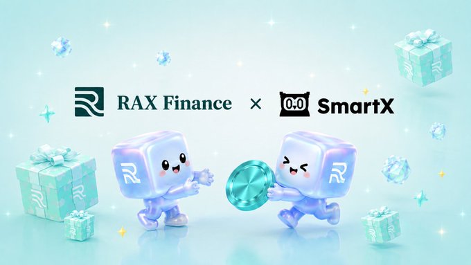 A promotional banner for a collaboration between 'RAX Finance' and 'SmartX', featuring two cute, cube-shaped mascot characters—one holding a coin—surrounded by gift boxes and gems against a light blue background.