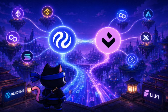 A digital fantasy illustration depicts a ninja cat watching glowing blue and pink paths representing 'INJECTIVE' and 'LI.FI' that connect to floating cryptocurrency logos like Ethereum and Binance.