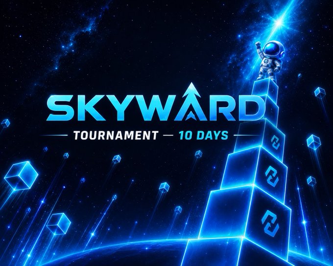 A space-themed promotional banner for 'SKYWARD TOURNAMENT - 10 DAYS' features an astronaut standing atop glowing blue cubes against a starry cosmic backdrop.