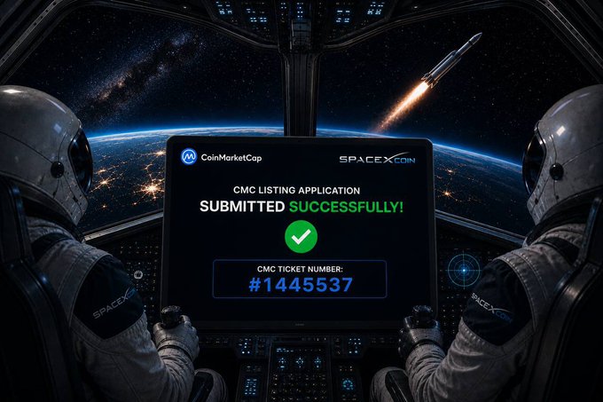 A space-themed image showing two astronauts looking at a screen displaying 'CMC LISTING APPLICATION SUBMITTED SUCCESSFULLY!' with CoinMarketCap and SpaceCoin logos, and 'CMC TICKET NUMBER: #1445537'.