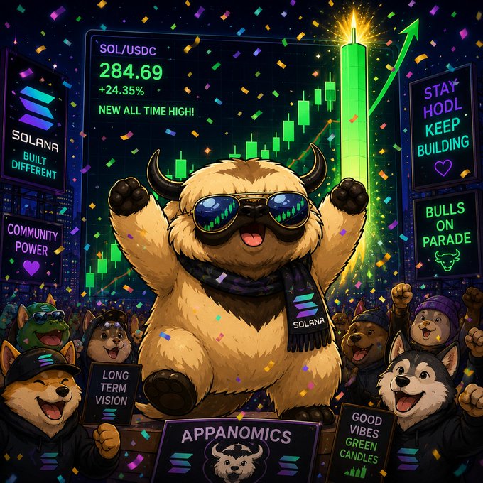 Festive illustration featuring a Yeti mascot in sunglasses celebrating a 'NEW ALL TIME HIGH!' for 'SOL/USDC' at 284.69 (+24.35%), surrounded by dogs in caps holding Solana-themed signs like 'LONG TERM VISION' and 'APPANOMICS'.