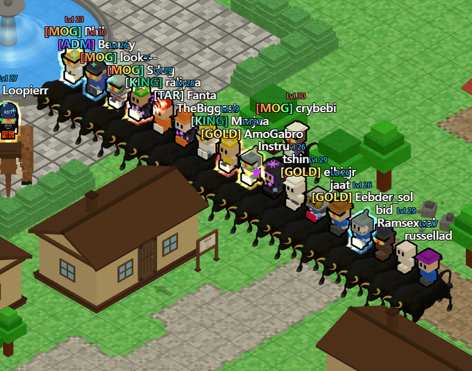 A screenshot from a multiplayer online game showing a long queue of player avatars riding black horses in an isometric village setting, with usernames and levels like 'Loopierrr Lvl 27' and 'russellad Lvl 27' visible.