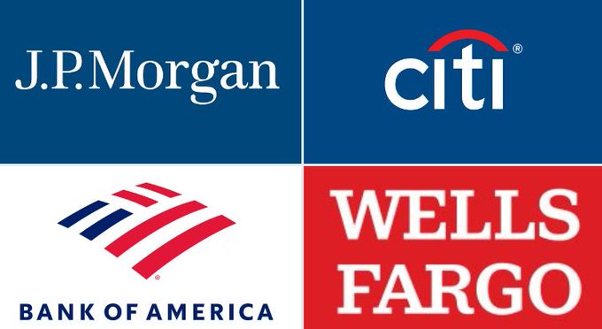 The image features four logos of major banks - JPMorgan Chase & Co., Citigroup, Wells Fargo, and Bank of America. The logos are displayed side by side against a gray background, with each bank's name written below their respective logo. The text "HUGE BANKING NEWS! JPMorgan, Citi, BofA & Wells Fargo are reportedly building tokenised deposit network by 2027 to fight stablecoin migration". This suggests that these banks might be collaborating on a project related to tokenisation and the future of banking.