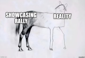 The image features a drawing of a horse with its legs crossed, accompanied by text that reads "Showing reality rally" above the drawing. The text seems to be a response or reaction to the drawing, expressing disagreement or disapproval towards the idea presented in the artwork.