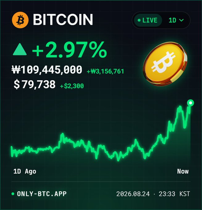 A Bitcoin price tracker shows BTC trading at $79,738, up +2.97% ($2,300) in 24 hours, just shy of the $80,000 mark referenced in the post's prediction. The accompanying chart displays an upward trend ending at the current price, visually supporting the user's bullish prophecy that Bitcoin will cross $80,000 on August 25th.