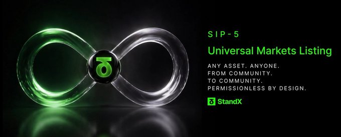 The image features a large, green, glowing glass token with an infinity symbol at its center. The text "SIP-5 Universal Markets Listing" is displayed below the token, indicating that this is a listing of various tokens available for investment. The background of the image is black, which contrasts with the vibrant green of the token and makes it stand out prominently.