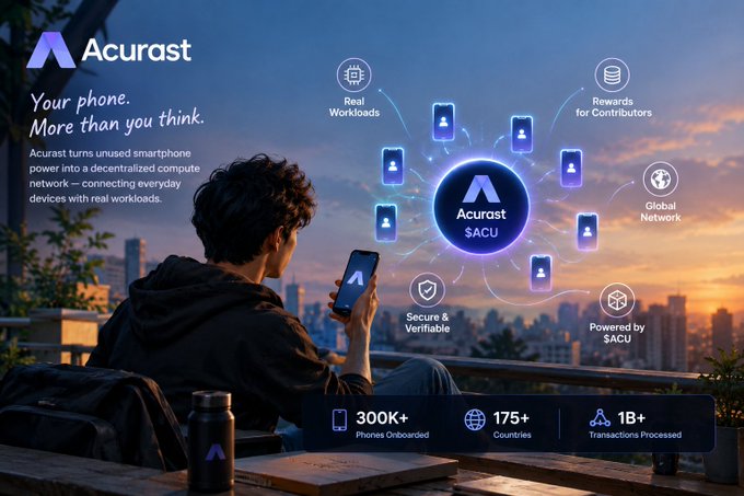 A promotional graphic for Acurast showing a person on a rooftop holding a smartphone, with the tagline "Your phone. More than you think." and statistics: 300K+ Phones Onboarded, 175+ Countries, 1B+ Transactions Processed, highlighting features like Real Workloads, Rewards for Contributors, Global Network, Secure & Verifiable, and Powered by $ACU.