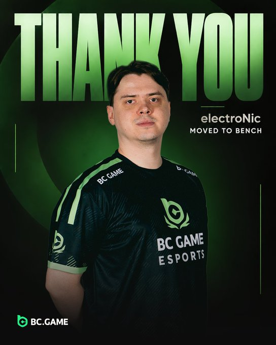 An esports promotional graphic displays "THANK YOU" in large green letters above a man wearing a black "BC.GAME ESPORTS" jersey, with text indicating "electroNic MOVED TO BENCH" and the BC.GAME logo at the bottom.