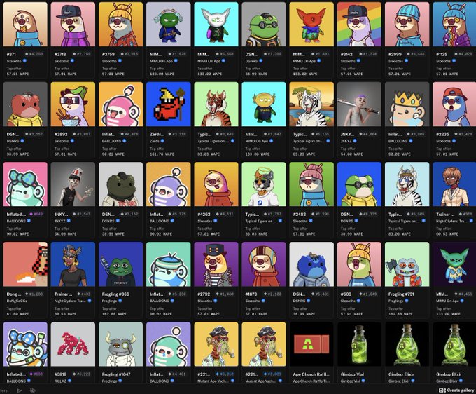 A screenshot of a digital collectibles gallery marketplace displaying various NFT items from collections like DSSN, Infinit..., Zards, Typic..., JNKY, #371, and others, each with pricing and ownership information.
