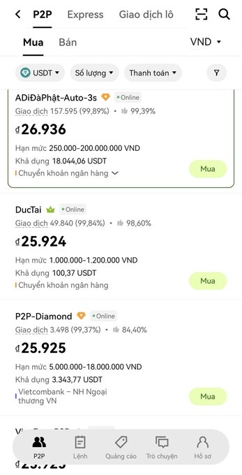 Vietnamese-language P2P cryptocurrency exchange interface showing USDT buy offers priced in VND, including merchants 'ADiDaPhat-Auto-3s' at ₫26,936, 'DucTai' at ₫25,924, and 'P2P-Diamond' at ₫25,925.