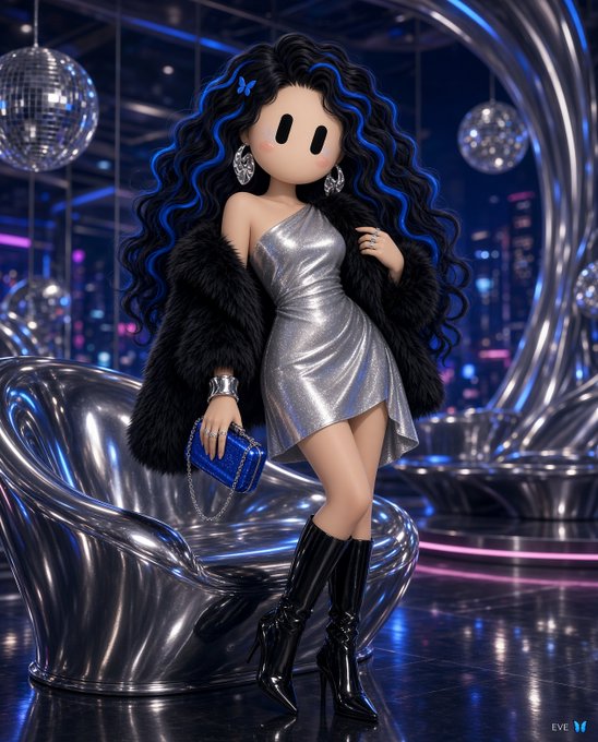 A digital illustration of a stylized female figure with curly black hair accented with blue, wearing a silver dress, black fur coat, and black boots, posed on a futuristic silver chair surrounded by disco balls and neon lights.