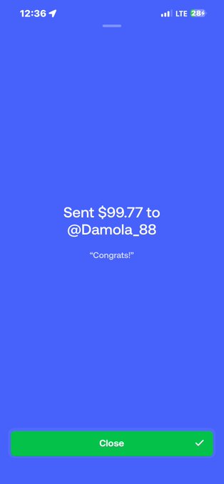 A mobile screenshot showing a successful payment confirmation of $99.77 sent to @Damola_88 with the note "Congrats!", confirming that one of the giveaway winners mentioned in the post has received their $100 prize.