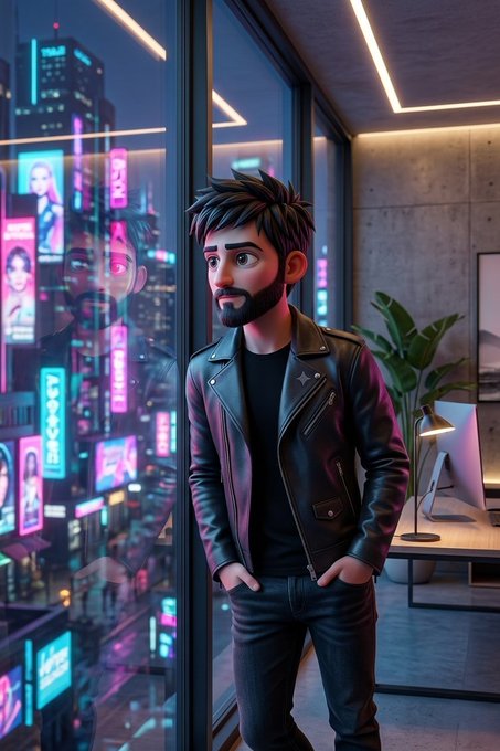 A stylized 3D animated illustration of a bearded man in a black leather jacket standing by a window overlooking a neon-lit cityscape with various billboards and signs.