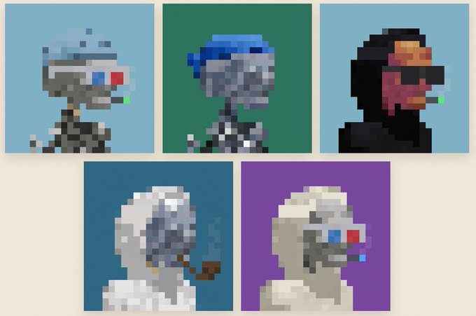 A grid of five pixel art portraits depicting various alien-like or robotic creatures, including one smoking a pipe and another wearing 3D glasses.