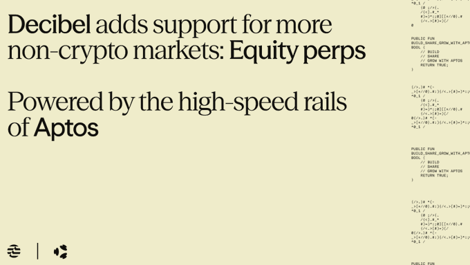 A cream-colored announcement graphic displaying the text "Decibel adds support for more non-crypto markets: Equity perps" and "Powered by the high-speed rails of Aptos," with Move smart contract code visible on the right side, promoting DecibelTrade's expansion into equity perpetual futures.