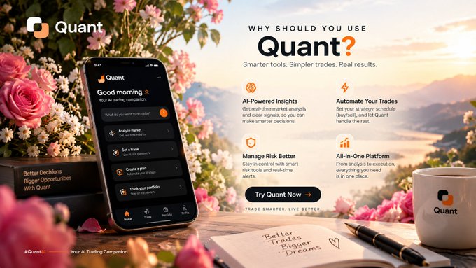 An advertisement for 'Quant' AI trading companion app, showing a smartphone displaying the app alongside features like 'AI-Powered Insights' and 'Automate Your Trades', with the tagline 'Smarter tools. Simpler trades. Real results.'