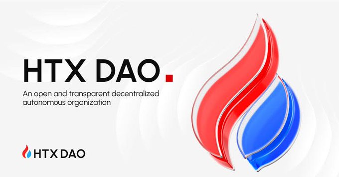 A logo graphic for 'HTX DAO' described as 'An open and transparent decentralized autonomous organization,' featuring a red and blue flame-like emblem.