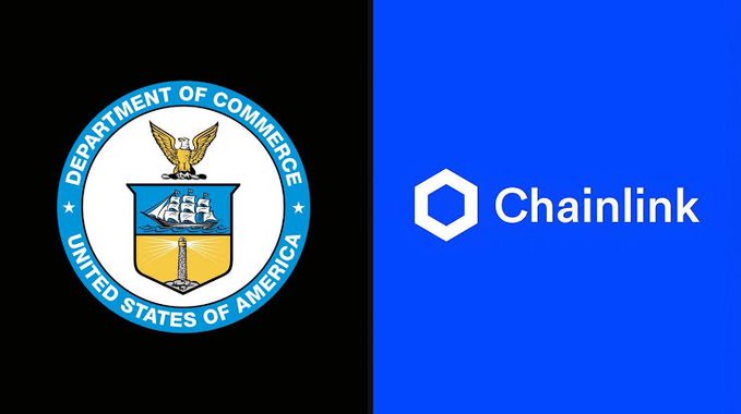A split-screen graphic featuring the official seal of the United States Department of Commerce on a black background on the left, and the Chainlink logo on a blue background on the right.