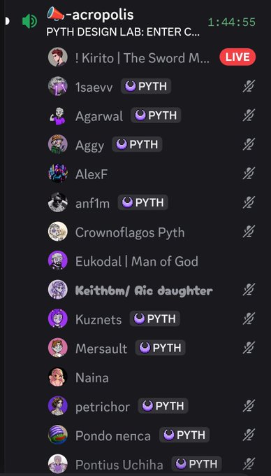 A Discord voice channel screenshot for #-acropolis under 'PYTH DESIGN LAB: ENTER C...' at timestamp 1:44:55, showing online users including Kirito (live), 1saevv, Agarwal, Aggy, AlexF, anflm, Crownflagos Pyth, Eukodal, Keithbm, Kuznets, Mersault, Naina, petrichor, and Pondo nenca.