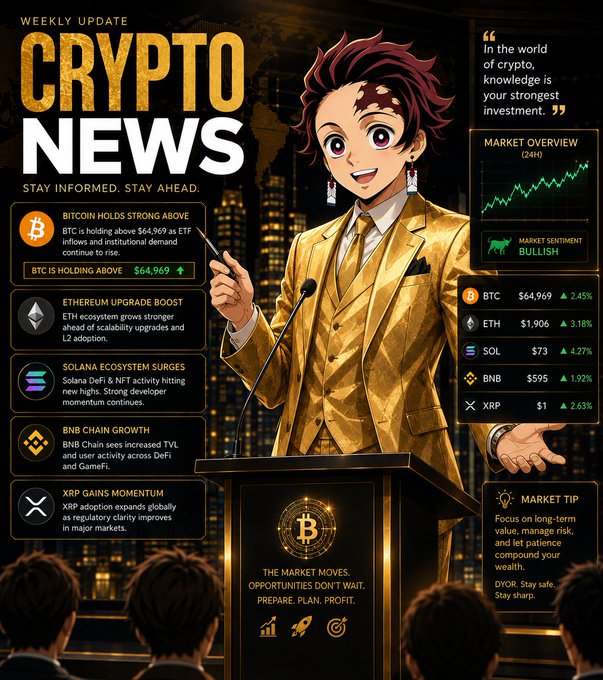A vibrant anime-style "CRYPTO NEWS" infographic titled "WEEKLY UPDATE" features a character in a gold suit at a podium, displaying market data including "BITCOIN HOLDS STRONG ABOVE", "ETHEREUM UPGRADE BOOST", "SOLANA ECOSYSTEM SURGES", and a "MARKET OVERVIEW" with prices for BTC ($64,969), ETH ($1,906), SOL ($73), BNB ($595), and XRP ($1).