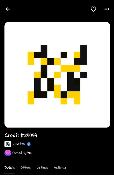 Mobile app screenshot showing a pixelated yellow and black QR code art labeled 'Credit #29049' under a 'Credits' collection, owned by the user, with navigation tabs for Details, Offers, Listings, and Activity.