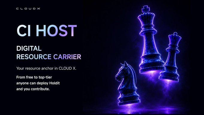 A promotional graphic for 'CLOUDX' titled 'C1 HOST - DIGITAL RESOURCE CARRIER', featuring glowing purple chess pieces (a knight and king) and text inviting users to deploy 'Holdit' on the network.