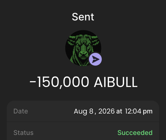 A transaction confirmation screenshot showing "Sent" status with "-150,000 AIBULL" and a green bull logo, dated August 8, 2026 at 12:04 pm, with "Succeeded" status, demonstrating the successful receipt of the promised 150,000 $AIBULL airdrop tokens to a $SOL wallet.