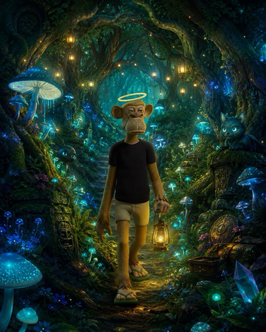 Digital artwork of an anthropomorphic monkey figure with a halo holding a lantern, standing in a glowing bioluminescent forest surrounded by mushrooms, crystals, and a hidden cat.