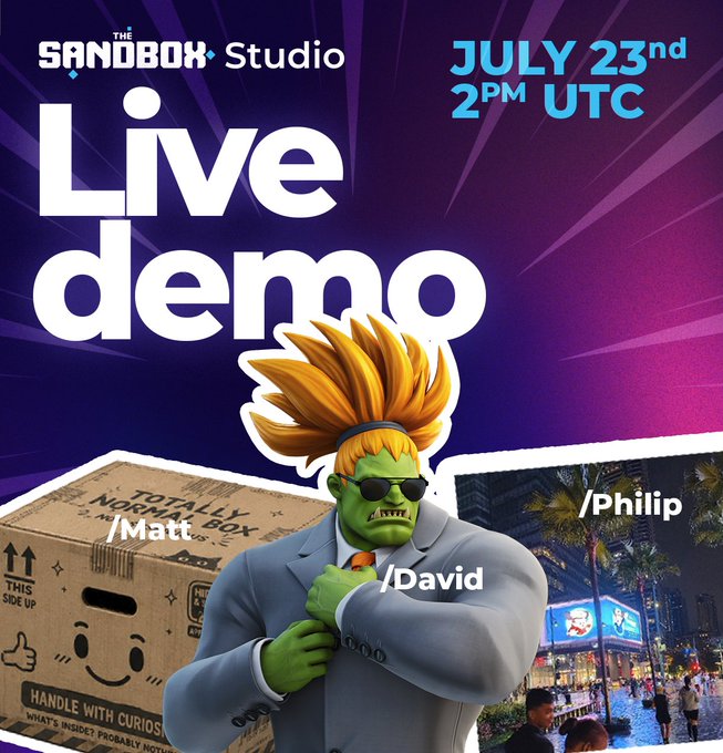 Promotional graphic for "The Sandbox Studio" live demo on July 23rd at 2PM UTC, featuring a green-skinned character in a suit alongside team members labeled Matt, David, and Philip, advertising the livestream on twitch.tv/thesandboxgame.