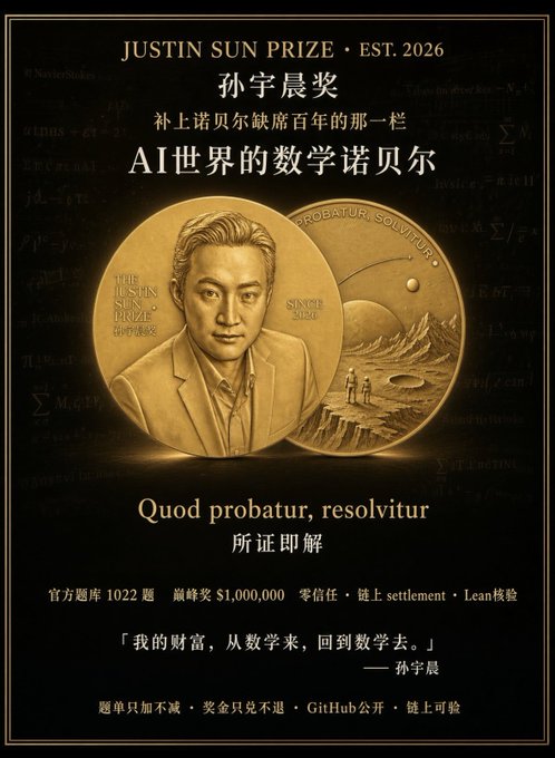 Justin Sun Prize promotional poster featuring a gold medallion with his portrait and 'QUOD PROBATUR, RESOLVITUR' Latin inscription, offering a $1,000,000 bounty for solving the official problem 1022 with chain settlement verification.