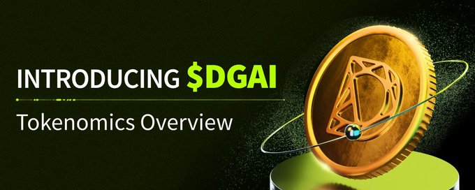 A promotional banner reading "INTRODUCING $DGAI Tokenomics Overview" featuring a gold coin with a triangular logo on a dark background.