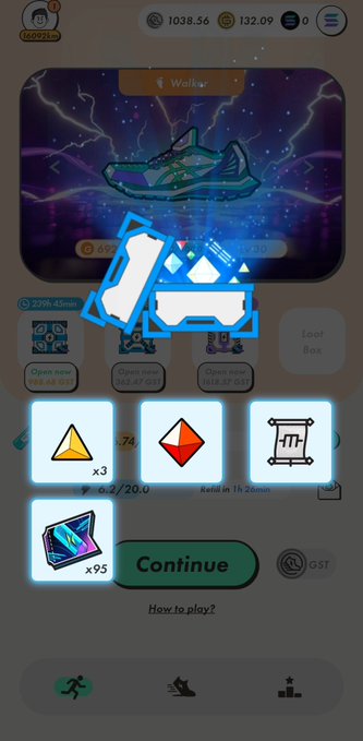 StepN app interface showing a 'Walker' sneaker NFT in teal/green color, with three reward items (energy, gem, and a scroll) and a 'Continue' button.